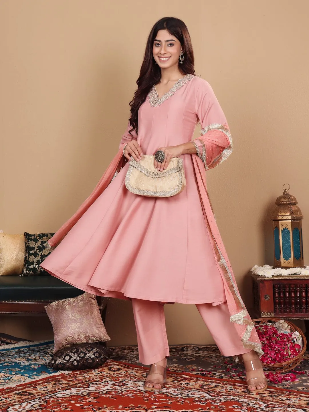 Varanga Women Peach Panelled And Embellished Anarkali Kurta With Trousers And Fringed Dupatta