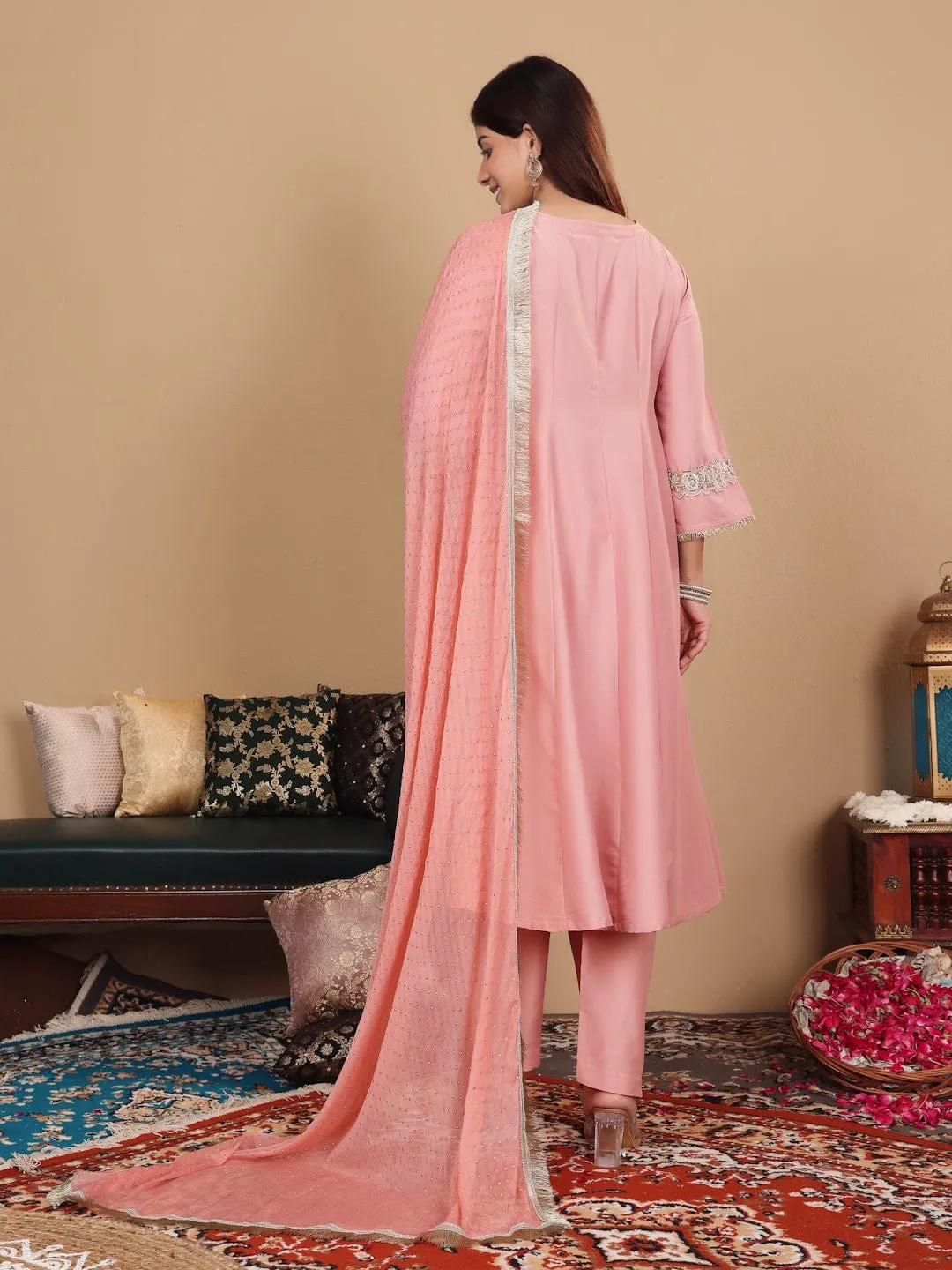 Varanga Women Peach Panelled And Embellished Anarkali Kurta With Trousers And Fringed Dupatta