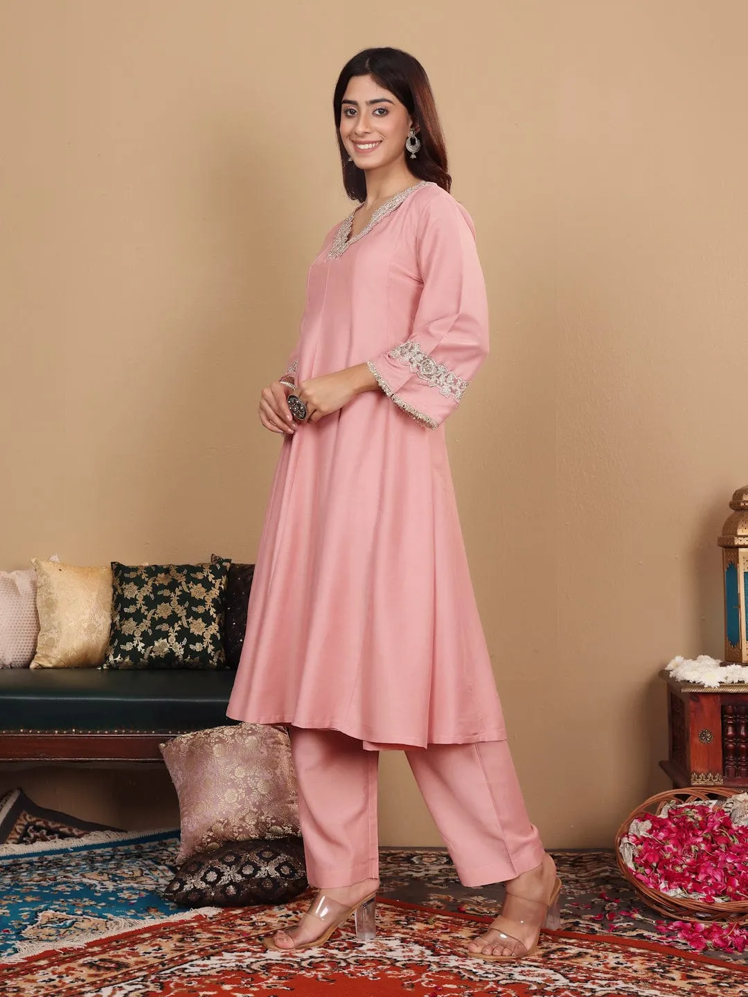 Varanga Women Peach Panelled And Embellished Anarkali Kurta With Trousers And Fringed Dupatta