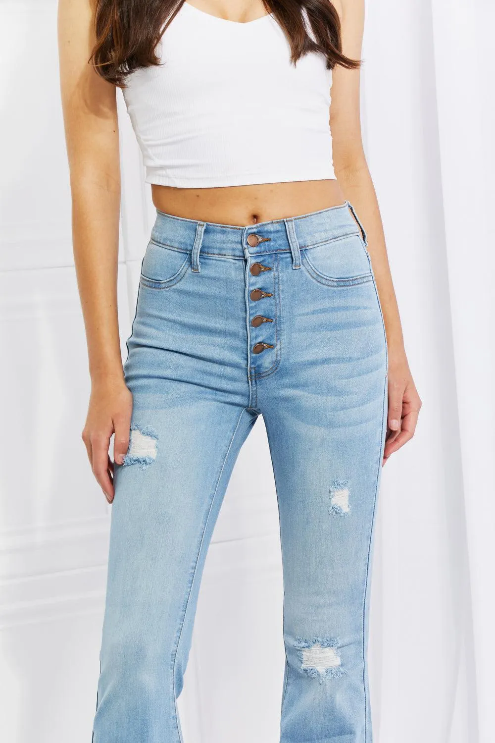 Vibrant MIU Full Size Jess Button Flare Jeans