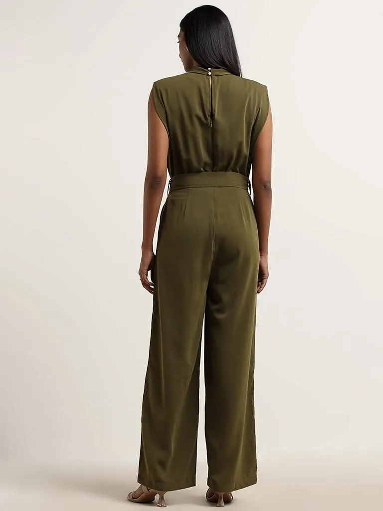 Wardrobe Olive Solid Jumpsuit with Belt