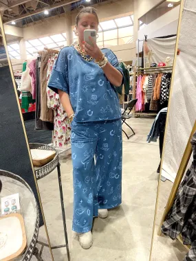 Western Print Wide Leg Pants Blue