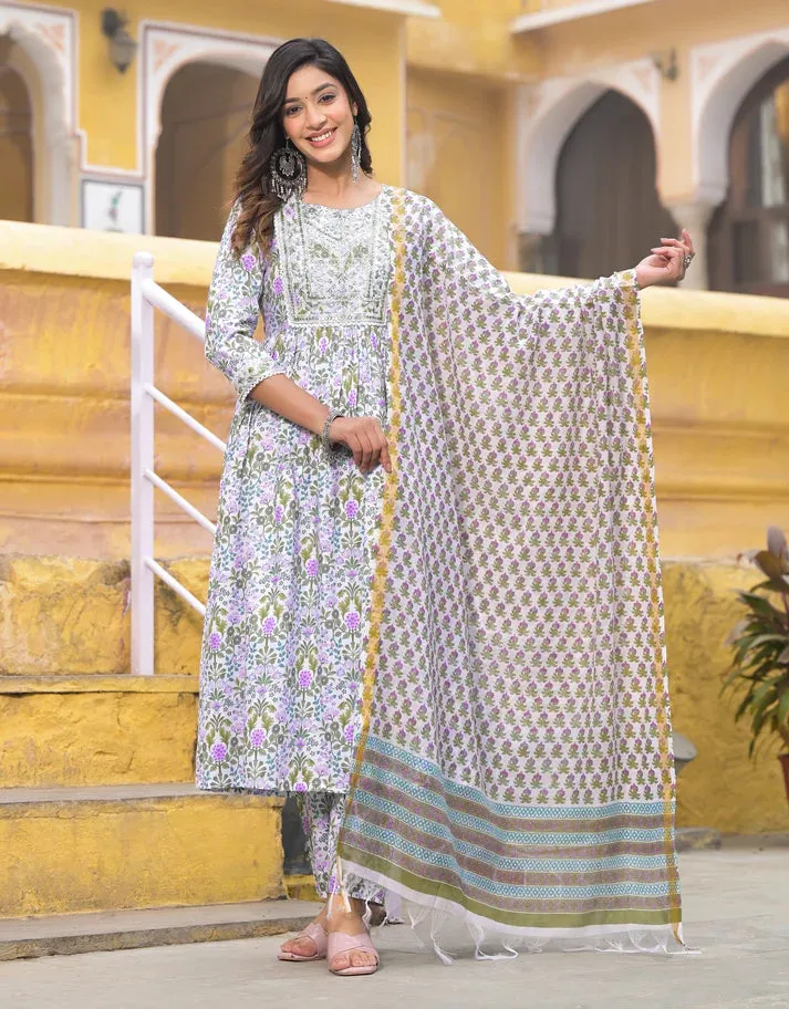 White & Purple Viscose Block Print & Embroidered Suit Set with Chanderi Cotton Dupatta