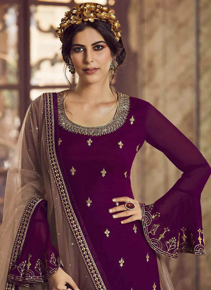 Wine Embroidered Traditional Lehenga Suit