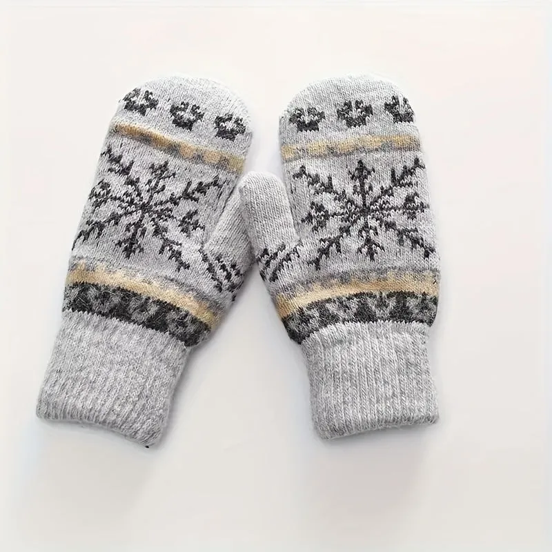 Winter Warm Knit Gloves with Snowflake Design and Faux Rabbit Fur Lining - Elastic, Ideal for Outdoor Activities, Perfect Gift