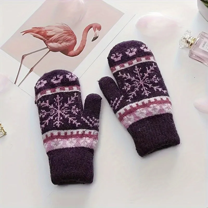 Winter Warm Knit Gloves with Snowflake Design and Faux Rabbit Fur Lining - Elastic, Ideal for Outdoor Activities, Perfect Gift