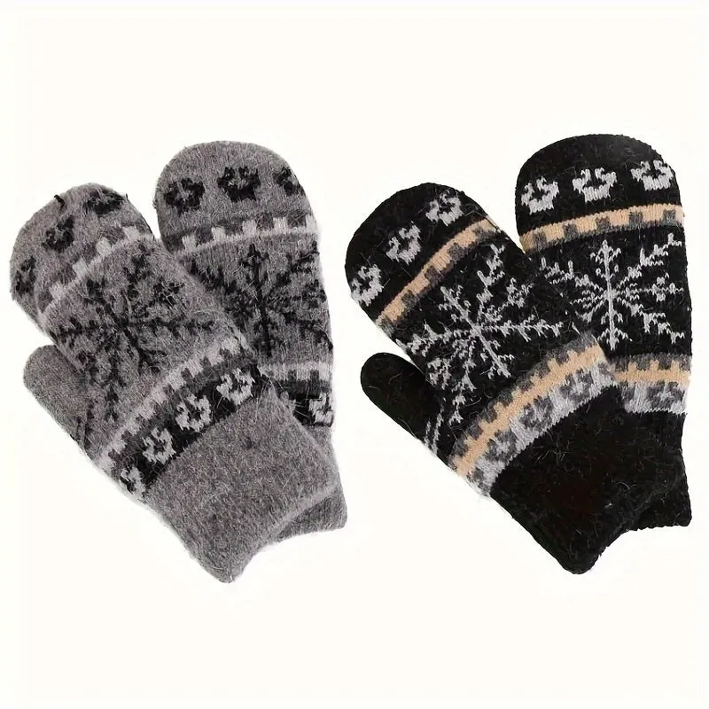 Winter Warm Knit Gloves with Snowflake Design and Faux Rabbit Fur Lining - Elastic, Ideal for Outdoor Activities, Perfect Gift