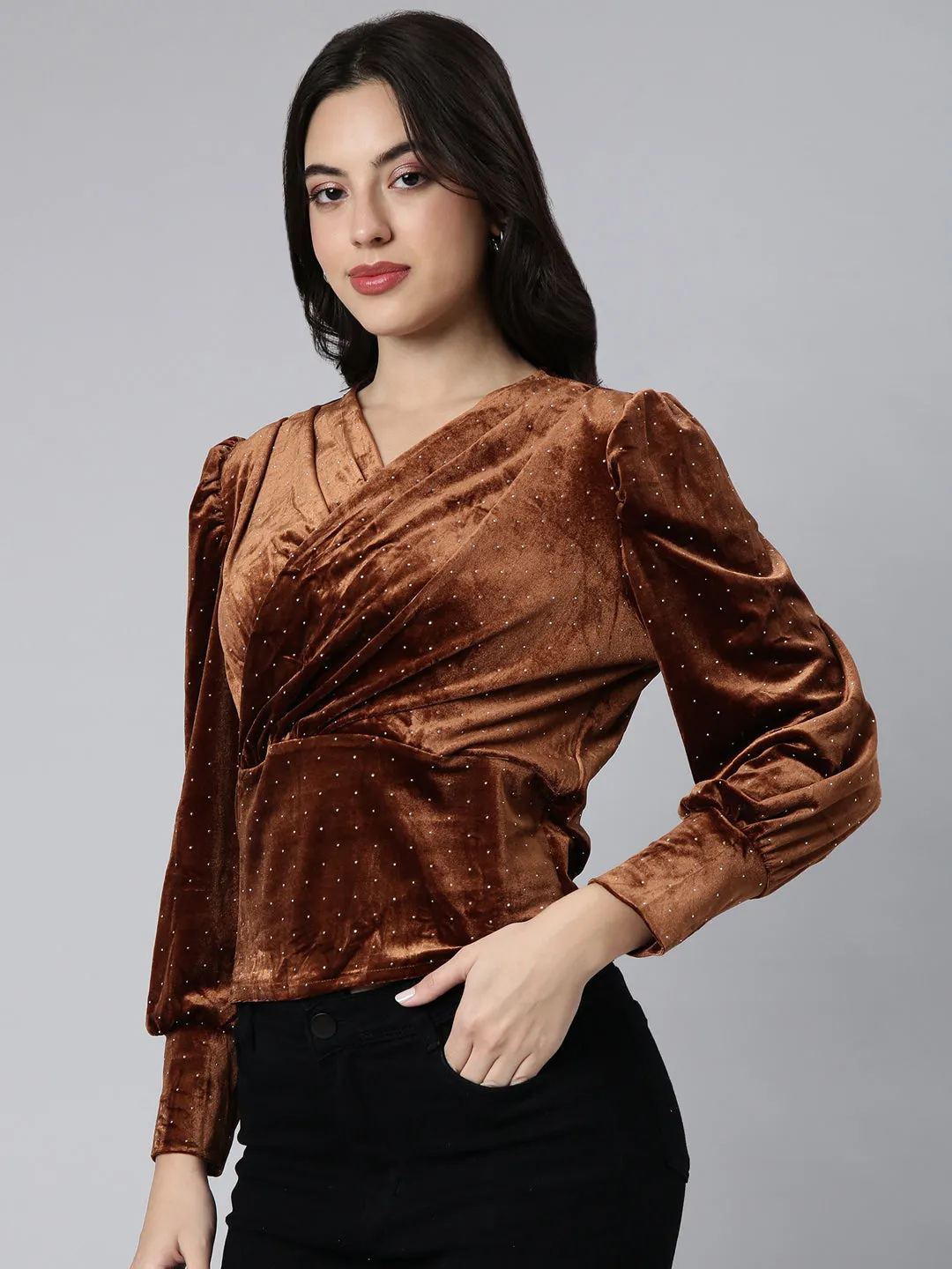 Women Solid Brown Empire Top