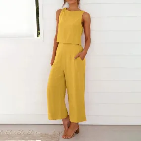 Women Summer Casual Linen 2 Piece Pants Set Solid Elegant Two-Piece Suit Sleeveless Wide Leg Trouser 2024 New In Matcing Sets