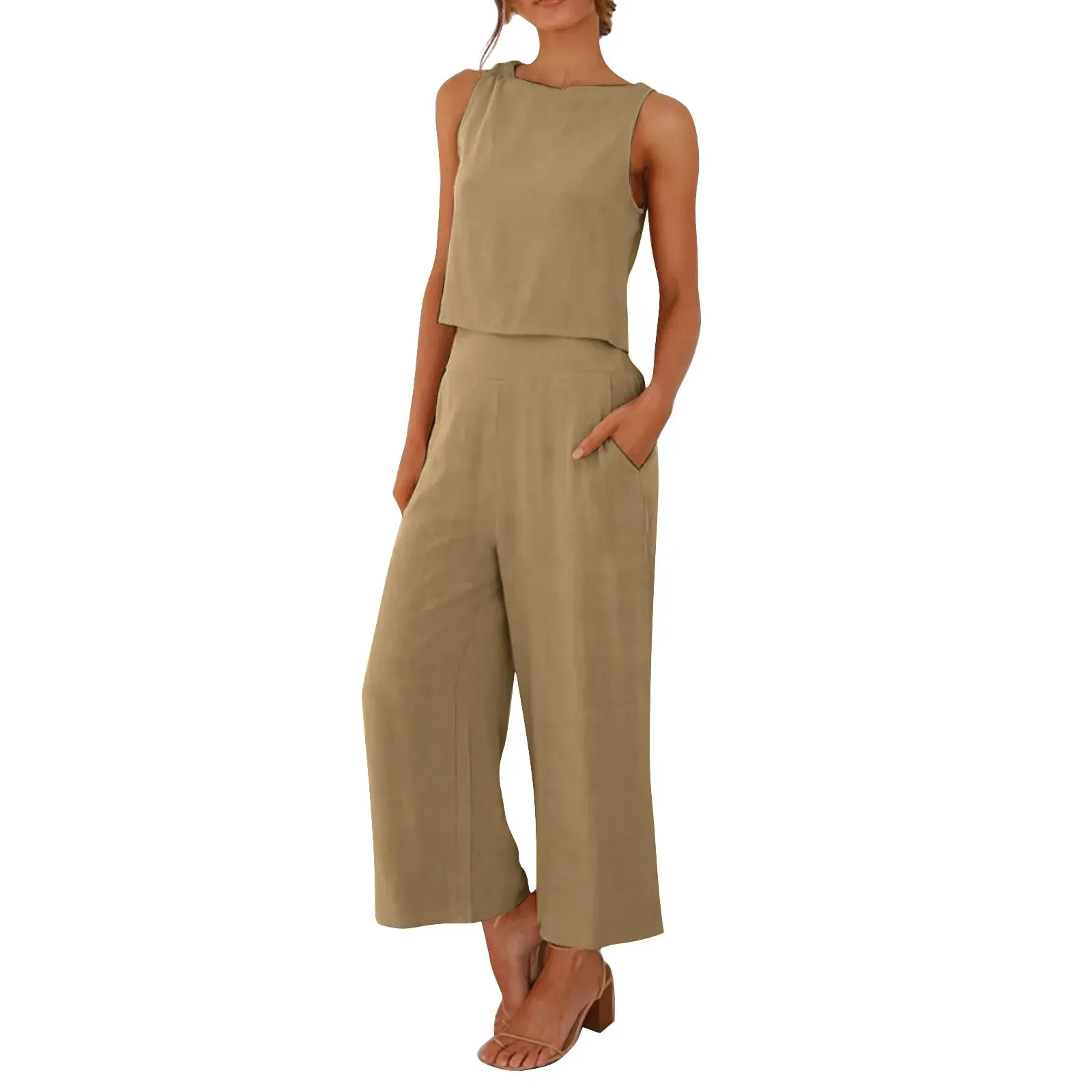 Women Summer Casual Linen 2 Piece Pants Set Solid Elegant Two-Piece Suit Sleeveless Wide Leg Trouser 2024 New In Matcing Sets