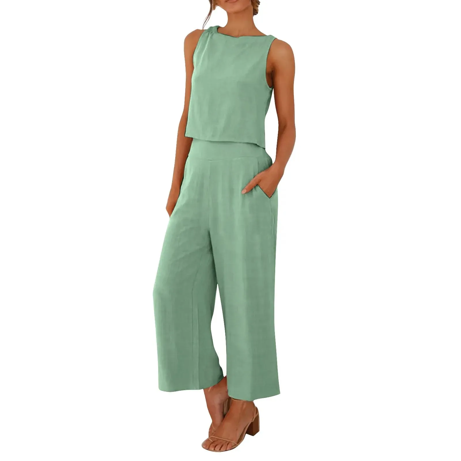 Women Summer Casual Linen 2 Piece Pants Set Solid Elegant Two-Piece Suit Sleeveless Wide Leg Trouser 2024 New In Matcing Sets