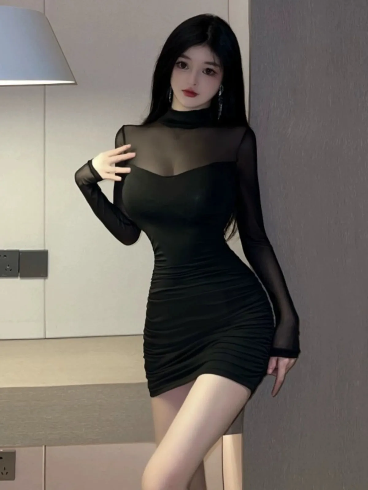 Women's Elegant Black Mesh-Stitched Long Sleeve Sheath Dress - Slim Fit, New Autumn Arrival