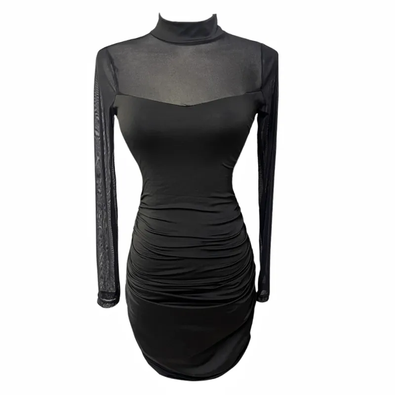 Women's Elegant Black Mesh-Stitched Long Sleeve Sheath Dress - Slim Fit, New Autumn Arrival