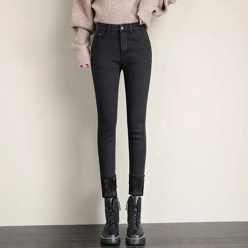 Women's Jeans Thermal Warm Plush Stretch Lady Skinny High Waist Women Denim Pants - WJN0019