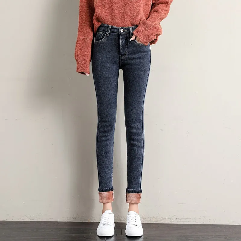 Women's Jeans Thermal Warm Plush Stretch Lady Skinny High Waist Women Denim Pants - WJN0019