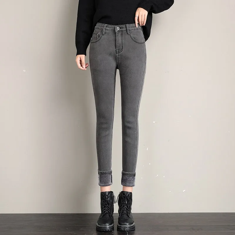 Women's Jeans Thermal Warm Plush Stretch Lady Skinny High Waist Women Denim Pants - WJN0019