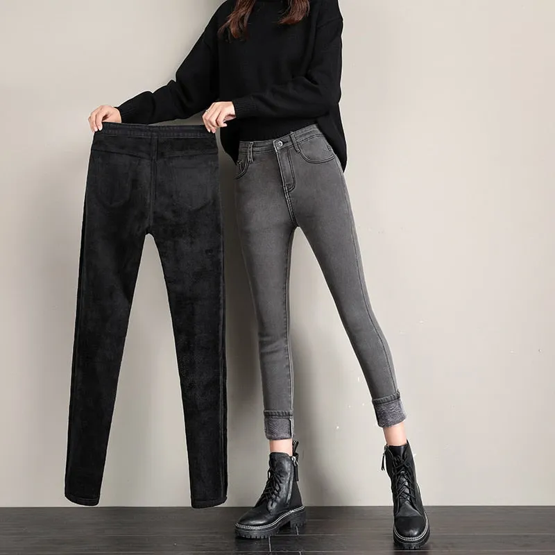 Women's Jeans Thermal Warm Plush Stretch Lady Skinny High Waist Women Denim Pants - WJN0019