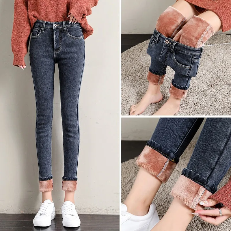 Women's Jeans Thermal Warm Plush Stretch Lady Skinny High Waist Women Denim Pants - WJN0019