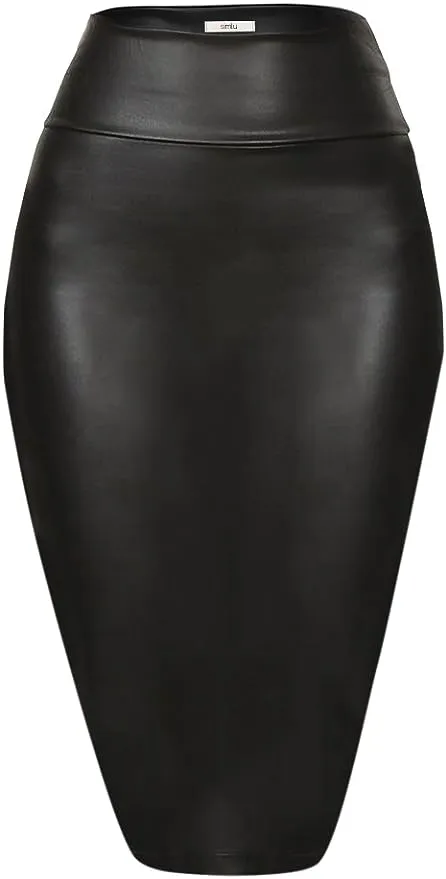 Women's Leather Pencil Skirt Below Knee Length Skirt Midi Bodycon Skirt - Black