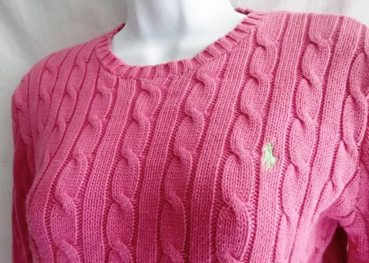 Womens RALPH LAUREN Crewneck Cable Knit Top Sweater S PINK BUBBLE GUM