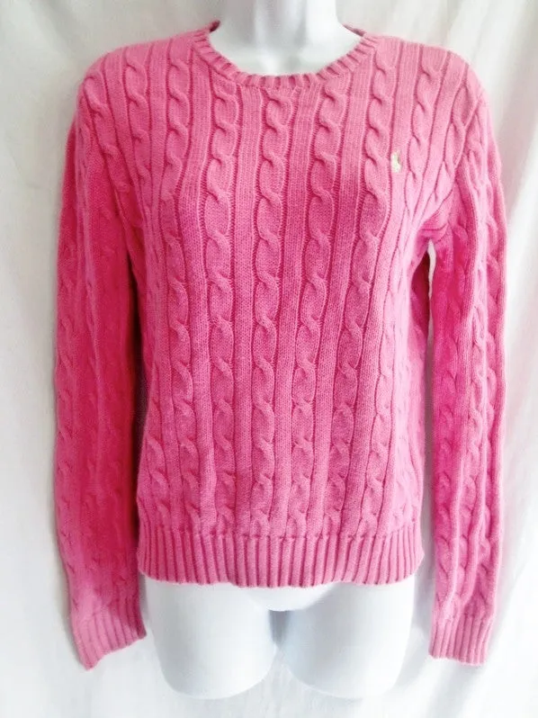 Womens RALPH LAUREN Crewneck Cable Knit Top Sweater S PINK BUBBLE GUM