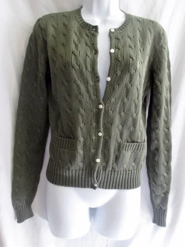 Womens RALPH LAUREN SPORT Cardigan Crewneck Cable Knit Top Sweater M OLIVE GREEN