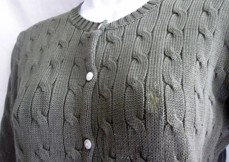 Womens RALPH LAUREN SPORT Cardigan Crewneck Cable Knit Top Sweater M OLIVE GREEN