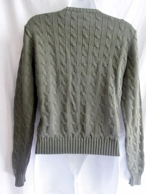 Womens RALPH LAUREN SPORT Cardigan Crewneck Cable Knit Top Sweater M OLIVE GREEN