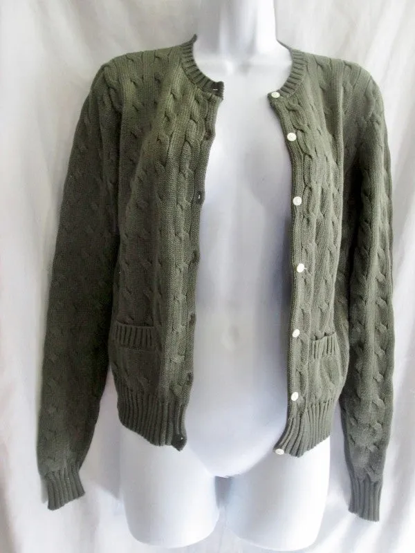 Womens RALPH LAUREN SPORT Cardigan Crewneck Cable Knit Top Sweater M OLIVE GREEN