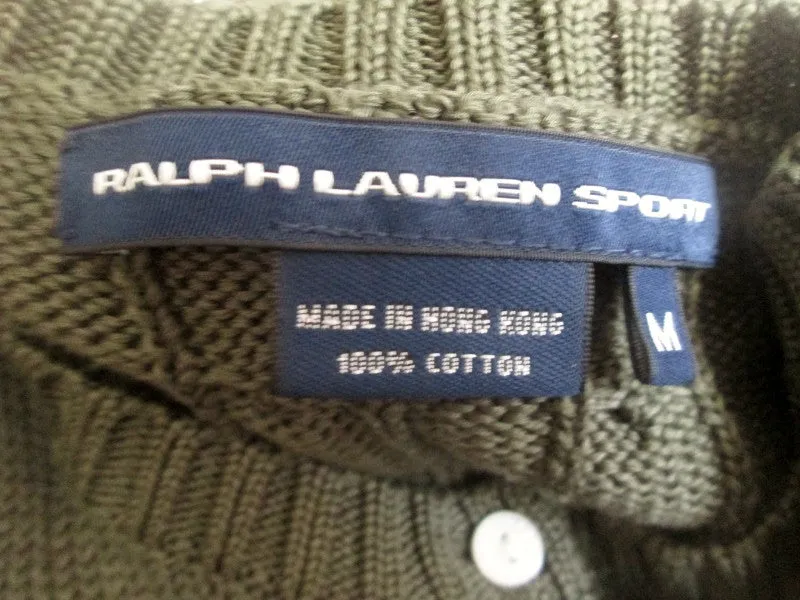 Womens RALPH LAUREN SPORT Cardigan Crewneck Cable Knit Top Sweater M OLIVE GREEN