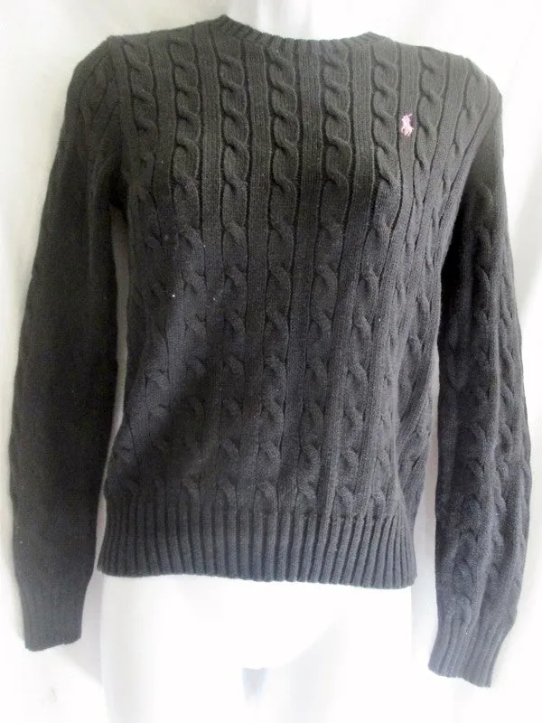 Womens RALPH LAUREN SPORT Crewneck Cable Knit Top Sweater M BLACK