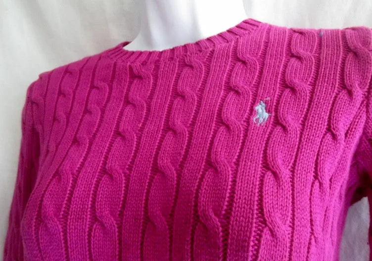 Womens RALPH LAUREN SPORT Crewneck Cable Knit Top Sweater S RASPBERRY PURPLE