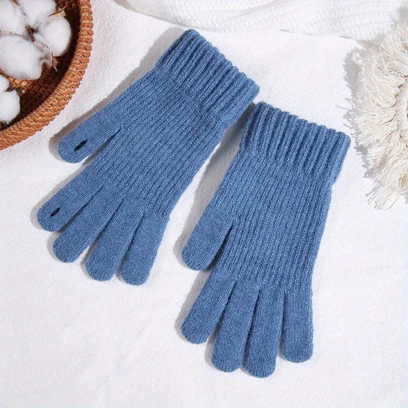 Women's Solid Color Full Finger Knit Gloves, Touch Screen Thick Plush Lined Warm Gloves, Winter Soft Cycling Gloves