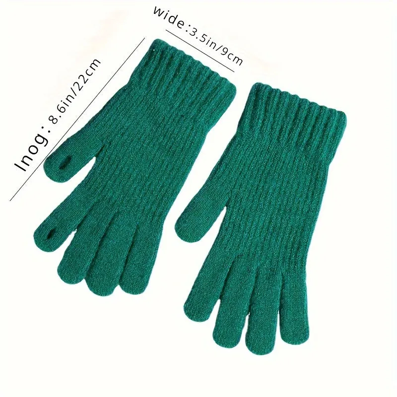 Women's Solid Color Full Finger Knit Gloves, Touch Screen Thick Plush Lined Warm Gloves, Winter Soft Cycling Gloves