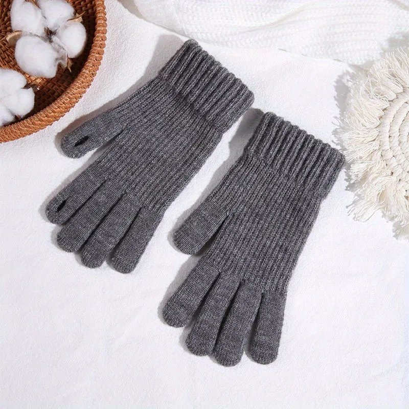 Women's Solid Color Full Finger Knit Gloves, Touch Screen Thick Plush Lined Warm Gloves, Winter Soft Cycling Gloves