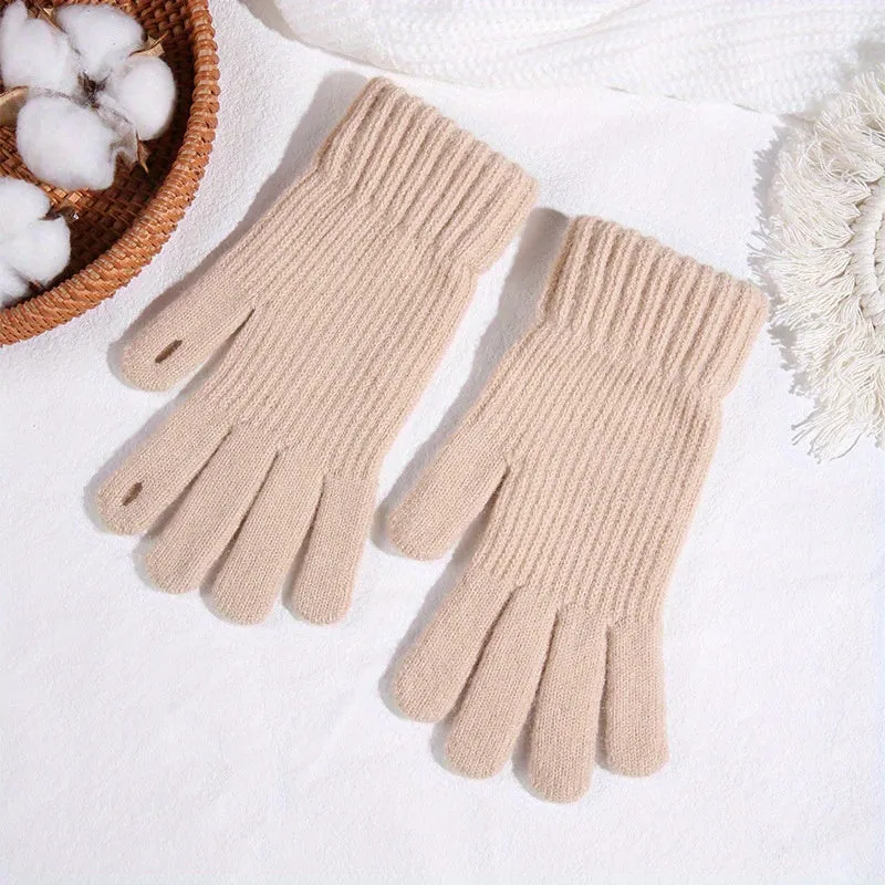 Women's Solid Color Full Finger Knit Gloves, Touch Screen Thick Plush Lined Warm Gloves, Winter Soft Cycling Gloves