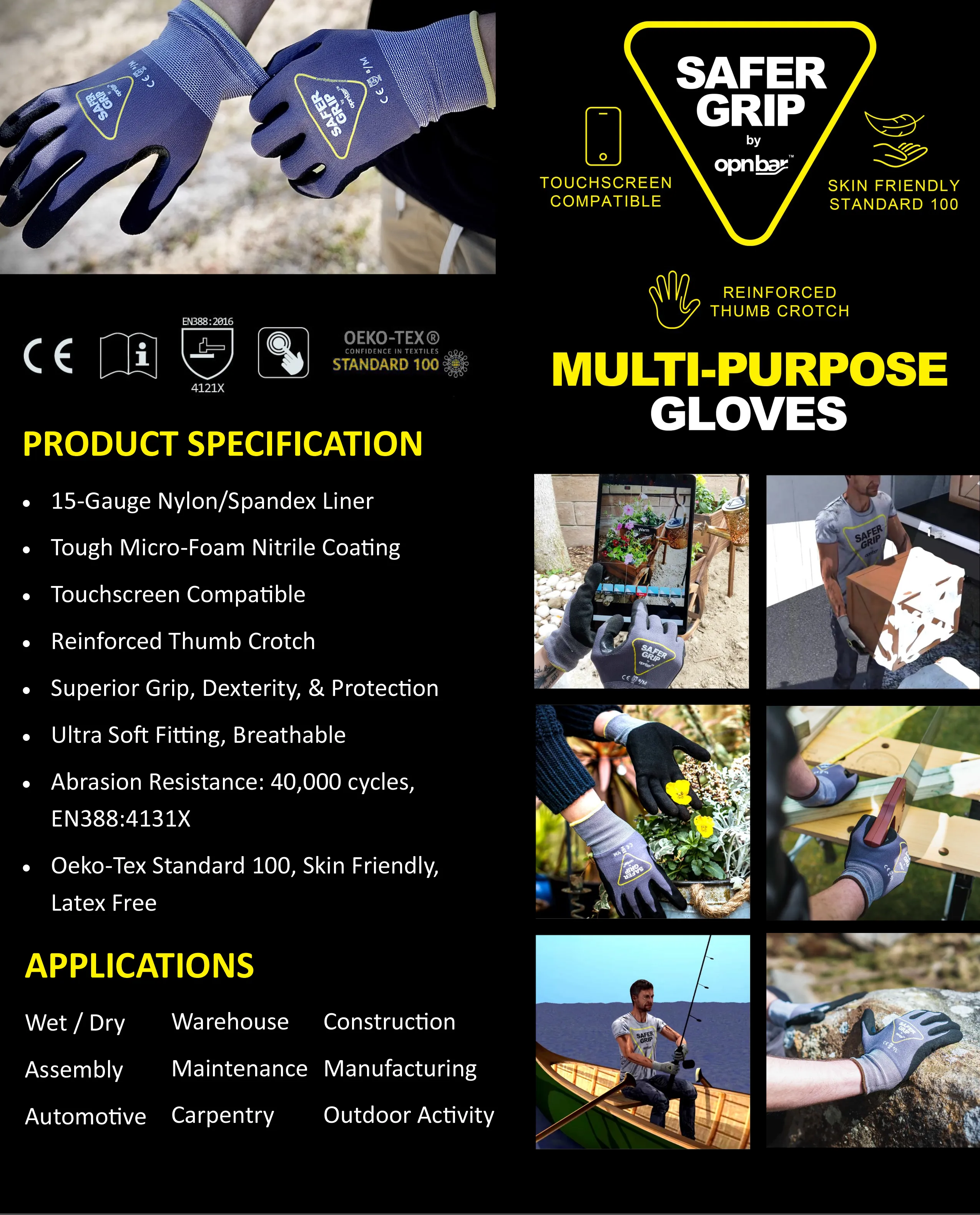 Work Gloves - Nitrile Coated Gloves with Touchscreen - Safer Grip by OPNBAR™ (2-Pack)