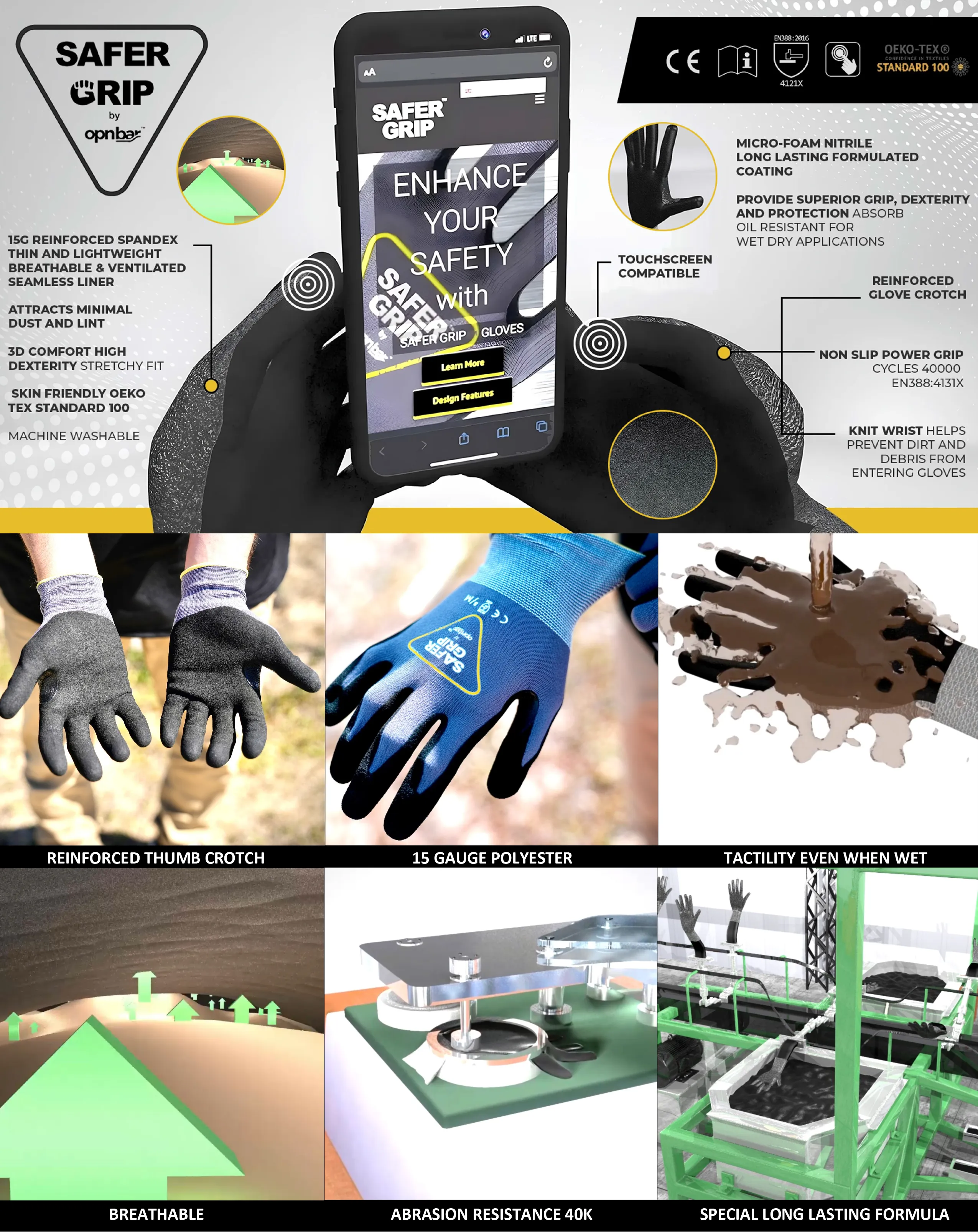 Work Gloves - Nitrile Coated Gloves with Touchscreen - Safer Grip by OPNBAR™ (2-Pack)