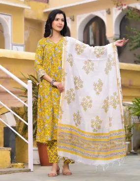 Yellow Viscose Floral Print Suit Set with Chanderi Cotton Dupatta