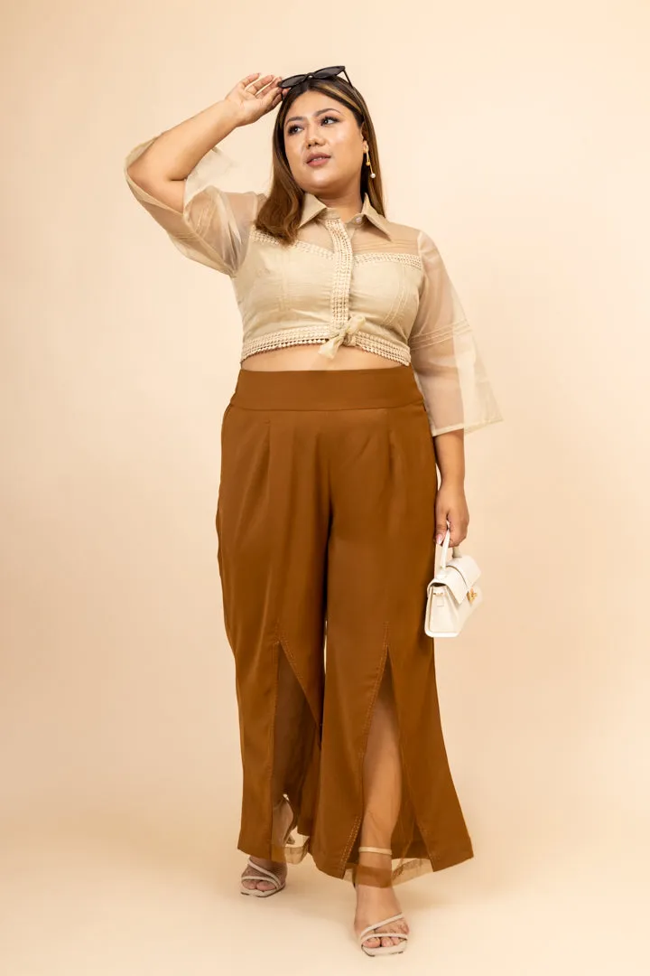 Zora Brown Embroidered High Waist Pants